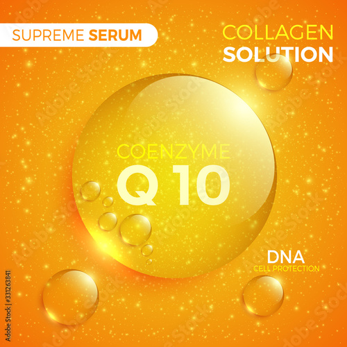 Coenzyme Q10. Collagen solution. Shiny golden round drop of supreme serum. Package design cosmetic products. Vector illustration.