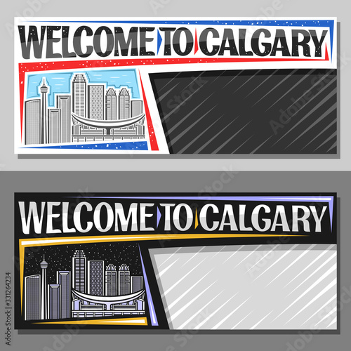 Vector layouts for Calgary with copy space, voucher with line illustration of contemporary calgary city scape on day and evening sky background, art design tourist coupon with words welcome to calgary