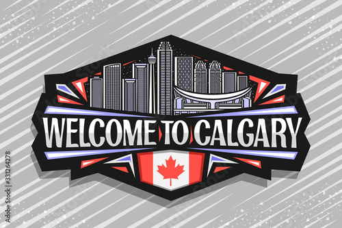 Vector logo for Calgary, black decorative badge with line illustration of contemporary calgary city scape on evening sky background, fridge magnet with creative letters for words welcome to calgary.