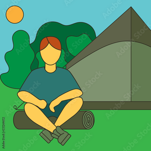 Tourist. Hiking in nature. With a tourist tent. In sportswear, he sits on a rolled-up tourist Mat or log. Day. Trees in the background.