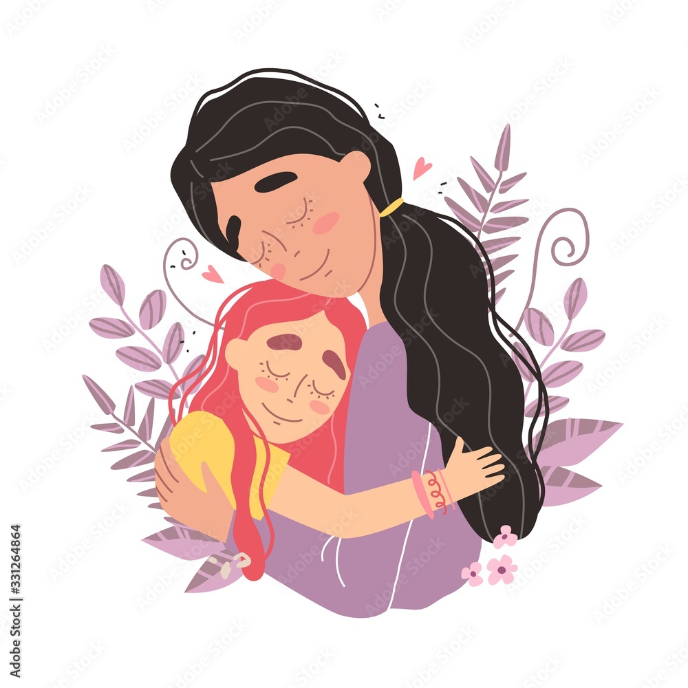 Mothers day greeting card, Mom and girl are smiling and hugging Mothers day greeting card, Mom and girl are smiling and hugging