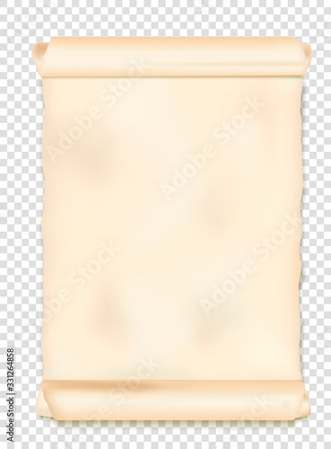 Mock up of the scroll of ancient birch bark, papyrus, paper, ancient book, fossil document on a transparent background. Vector illustration.