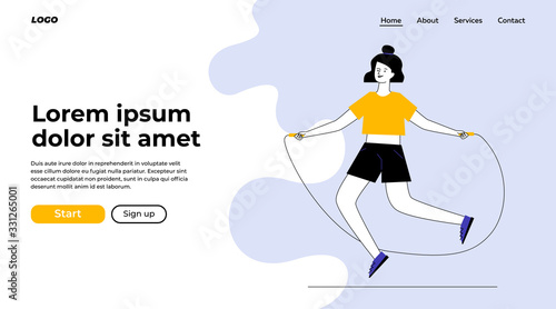 Young woman jumping rope. Female character warming up flat vector illustration. Body training workout, activity concept for banner, website design or landing web page
