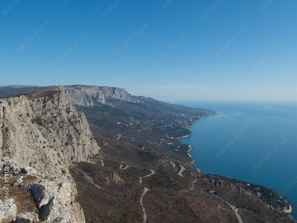 Beautiful panoramic view from top of crimean mountain on Black sea coast.