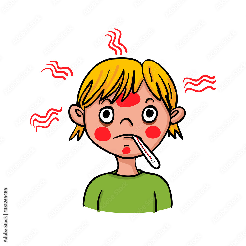 Boy showing symptoms of fever with a fever knife, red face can be the flu or Coronavirus-SARS-CoV-2 - hand-drawn vector illustration Boy showing symptoms of fever with a fever knife, red face can be the flu or Coronavirus-SARS-CoV-2 - hand-drawn vector illustration