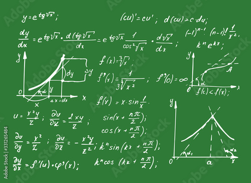 Vintage educational and scientific background.  Math law theory and mathematical formula equation on school board. Vector hand-drawn illustration.