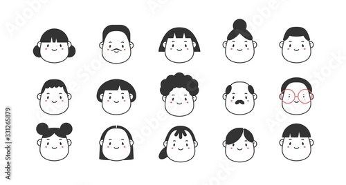 Comic Face avatars. Men and Women. Various Haircuts. Minimalistic icons. Graphic Vector set. Head with wide chin. Egg shaped faces. Cartoon Asian style. Simple cute design. Every icon is isolated