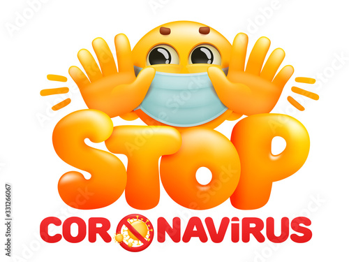 Stop coronavirus 2019-ncov awareness lettering phrase. emoticon yellow cartoon character in medical mask