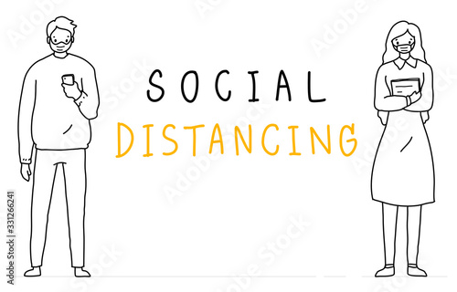 Social distancing girl boy standing in cartoon outline doodle. Corona virus global epidemic personal hygiene safe distance to prevent spreading infection. Pandemic, viral outbreak and disease concept