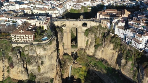 Puente Nuevo arch bridge town of Ronda Spain in the province of Málaga Andalucia, Aerial dolly out shot