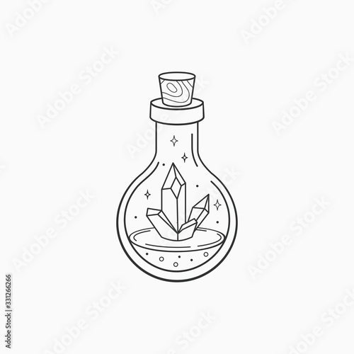 Magic crystal bottle. Witch and magic symbol, monochrome vector illustration, isolated on white background