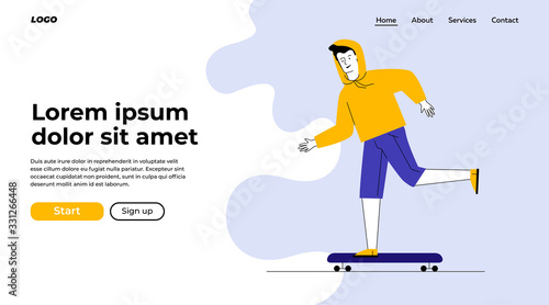 Guy in casual skateboarding. Male character riding longboard flat vector illustration. Skateboarder outdoor activity, lifestyle concept for banner, website design or landing web page