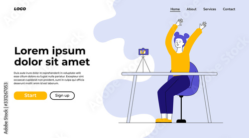 Female blogger posing for camera. Woman recording video of herself flat vector illustration. Internet, networking, blog concept for banner, website design or landing web page