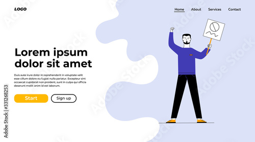 Man showing placard. Protest activist holding poster and making threaten gesture flat vector illustration. Resistance, riot, fight concept for banner, website design or landing web page
