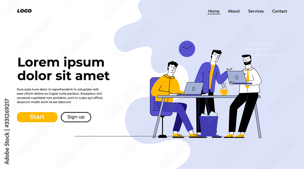Three man having business meeting in office. Employees discussing work project flat vector illustration. Teamwork, discussion, conference concept for banner, website design or landing web page Three man having business meeting in office. Employees discussing work project flat vector illustration. Teamwork, discussion, conference concept for banner, website design or landing web page