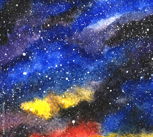 Watercolor cosmic texture with glowing stars. Night starry sky with paint strokes and swashes. astronomy illustration.