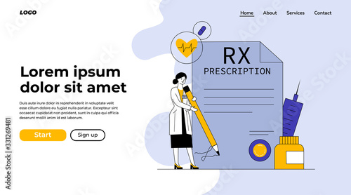 Pharmacist signing drug prescription flat vector illustration. Pharmaceutical painkiller medication RX prescription for sick patient. Pharmacy, healthcare, and medicine concept.