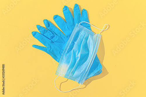 Face mask protection against pollution, virus, flu and coronavirus. Medical gloves