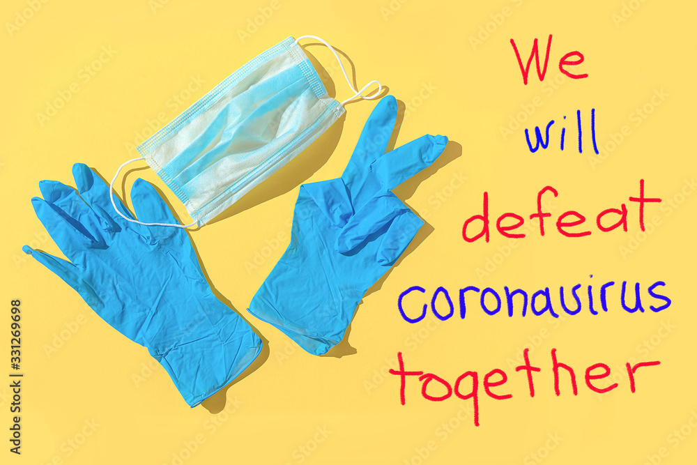 Face mask protection against pollution, virus, flu and coronavirus. Medical gloves