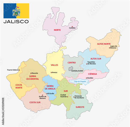 jalisco, administrative and political vector map with flag, mexico