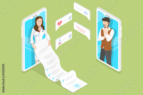 Isometric Flat Vector Concept of Online Diagnosis, Remote Patient Consultation.