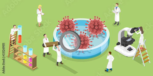 Isometric Vector Concept of Coronavirus Vaccine Search.