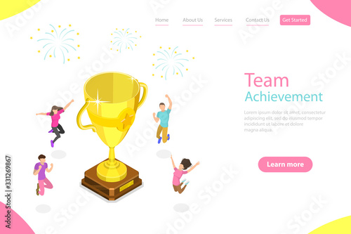 Isometric flat vector landing page template of team achievement celebrating.