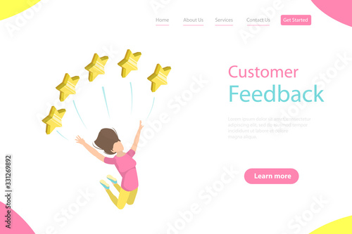 Isometric flat vector landing page template of five star rating.
