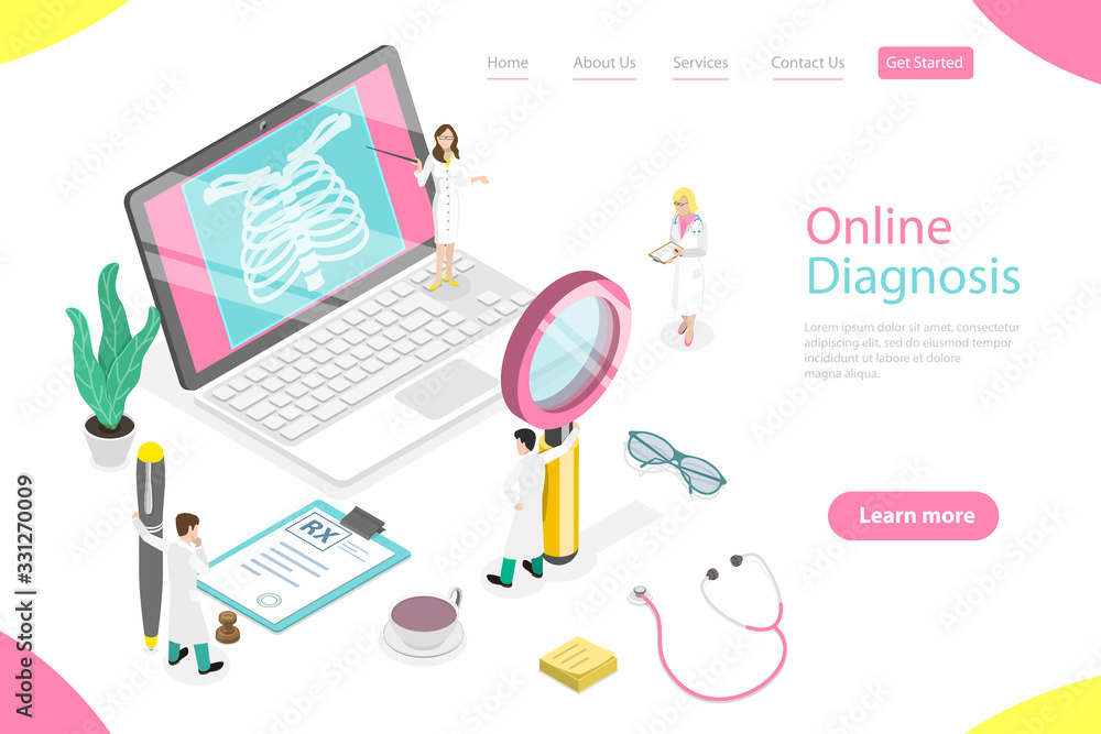 Isometric flat vector landing page template of online diagnosis. Isometric flat vector landing page template of online diagnosis.
