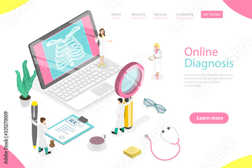 Isometric flat vector landing page template of online diagnosis.
