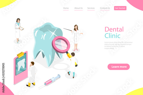 Isometric flat vector landing page template of dental checkup.