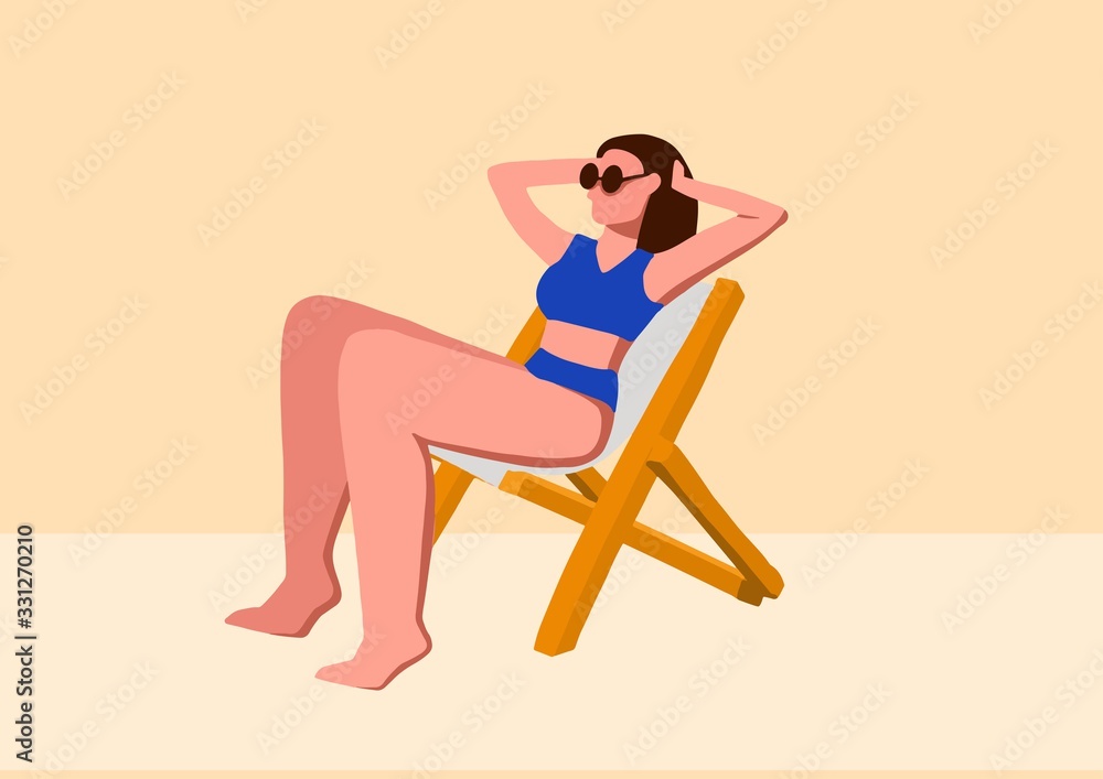 Girl sunbathes on a deck chair in flat style . Vector illustration. A woman with long hair in sunglasses with raised hands sits on a chair. Girl sunbathes on a deck chair in flat style . Vector illustration. A woman with long hair in sunglasses with raised hands sits on a chair.