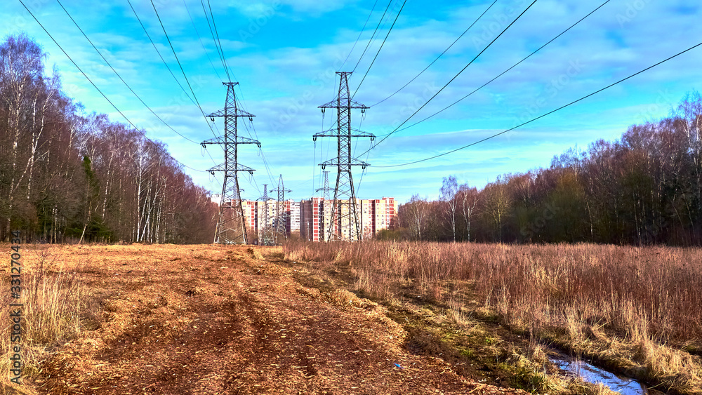 high-voltage power line in the field