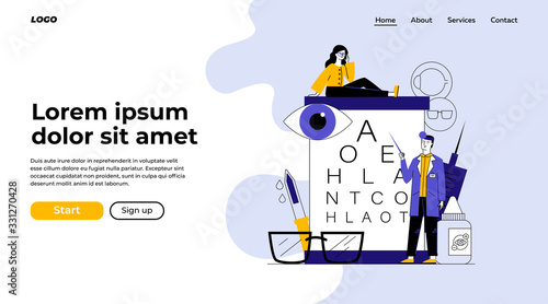 Male ophthalmologist checking woman eyesight. Female patient in glasses sitting on eye chart flat vector illustration. Vison test, ophthalmology concept for banner, website design or landing web page