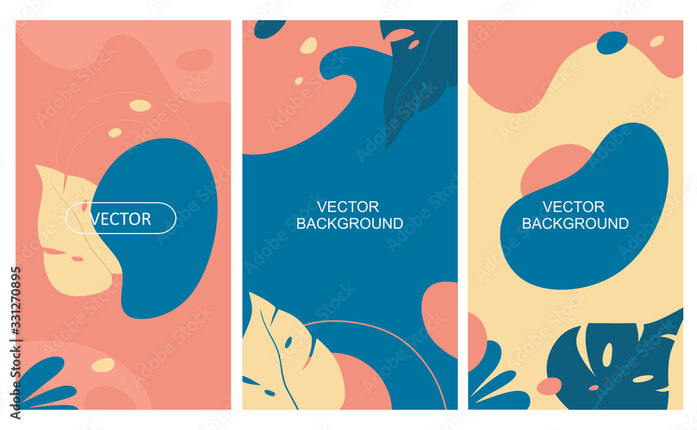 Vector set of abstract backgrounds with place for text. Elements of tropical leaves. Great for posters, wallpapers, social networks, web, etc.