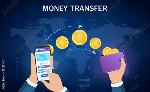 Money transfer from digital wallet to wallet in an online banking transaction showing a smartphone and wallet linked by a stream of gold coins, vector illustration.
