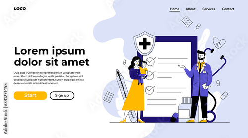 Woman with kid consulting doctor. Patient, pediatrician, medical checkup list flat vector illustration. Examination, healthcare, treatment concept for banner, website design or landing web page