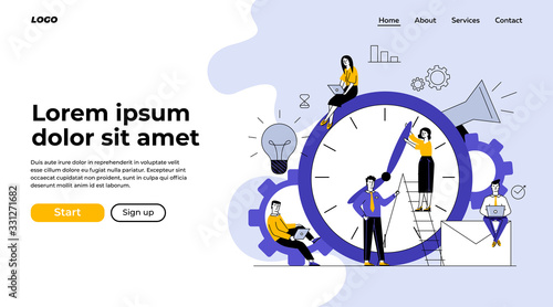 Managers adjusting clock hands. People using laptops, working on project together flat vector illustration. Time management, deadline concept for banner, website design or landing web page