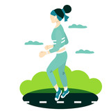Slim woman in trendy  blue sportsuit running with headphones and fitness bracelet. Bright illustration in flat style. Vector concept healthy lifestyle.