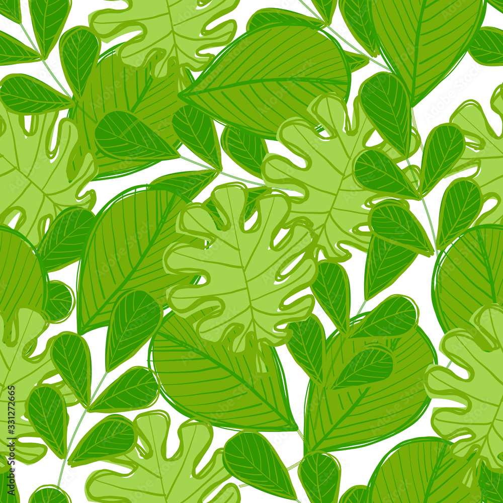 Seamless pattern of green different leaves. Spring or summer illustration in flat and doodle style with hand draw outline. Cute trendy botanical background. 