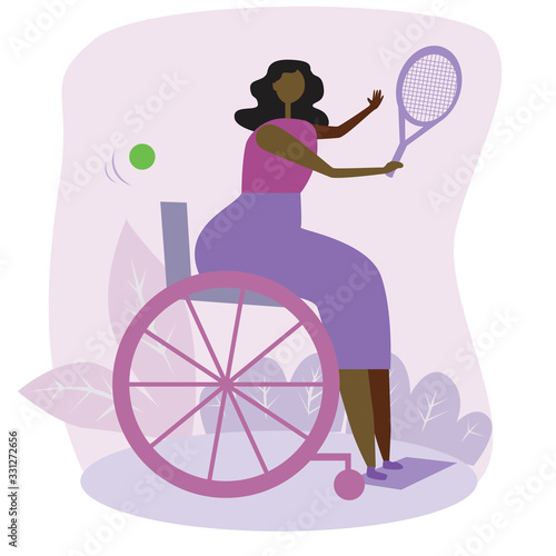Tennis player or african american woman with tennis racket and ball in wheelchair, vector stock illustration with wheelchair disabled as a concept of inclusion