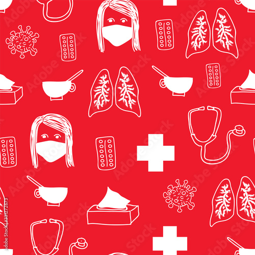 Vector coronavirus seamless pattern with face mask, coronavirus, lungs, tea, stetoskop.