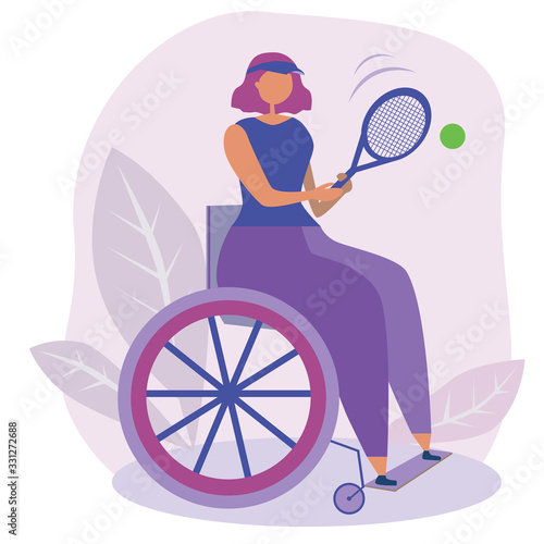 Wheelchair athlete or disabled person plays tennis with ball and racket as a concept of inclusion, flat vector stock illustration with a disabled person for design