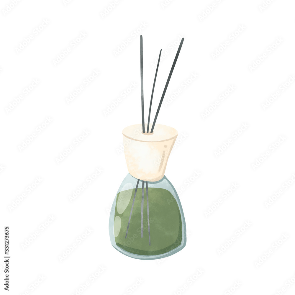 Aroma diffuser in a glass bottle with chopsticks digital texture art. Print for stickers, packaging, banners, posters, cards, web, stationery, fabrics, paper. Aroma diffuser in a glass bottle with chopsticks digital texture art. Print for stickers, packaging, banners, posters, cards, web, stationery, fabrics, paper.