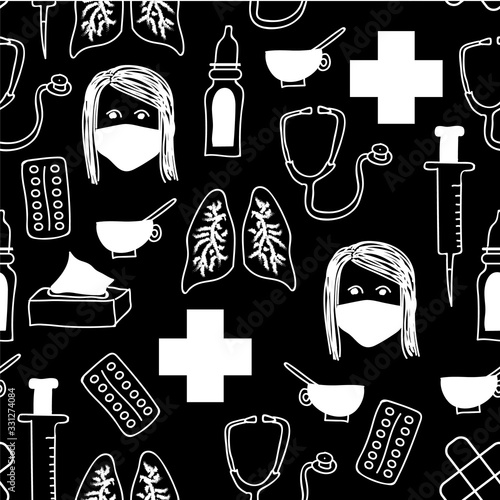 Vector coronavirus seamless pattern with face mask, lungs, tea, stetoskop.