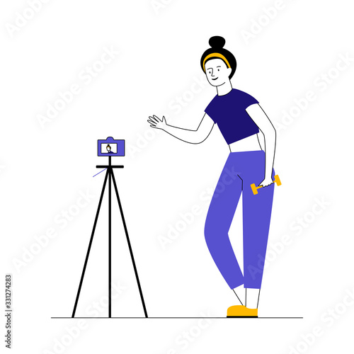 Fitness blogger posing for camera. Woman with dumbbells recording video of herself flat vector illustration. Internet, fitness, blog concept for banner, website design or landing web page