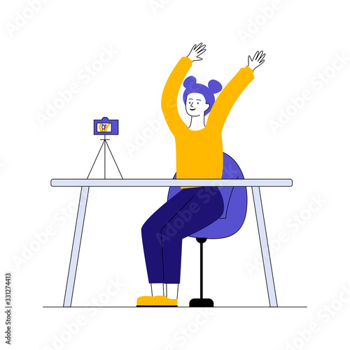 Female blogger posing for camera. Woman recording video of herself flat vector illustration. Internet, networking, blog concept for banner, website design or landing web page