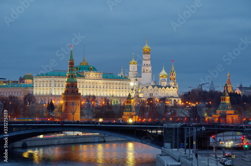 Evening view of the Moscow Kremlin and the Big Stone bridge. Moscow, Russia
