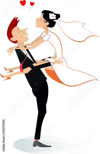 Dancing married wedding couple illustration. Heart symbol and dancing happy man and woman in the white dress and isolated on white