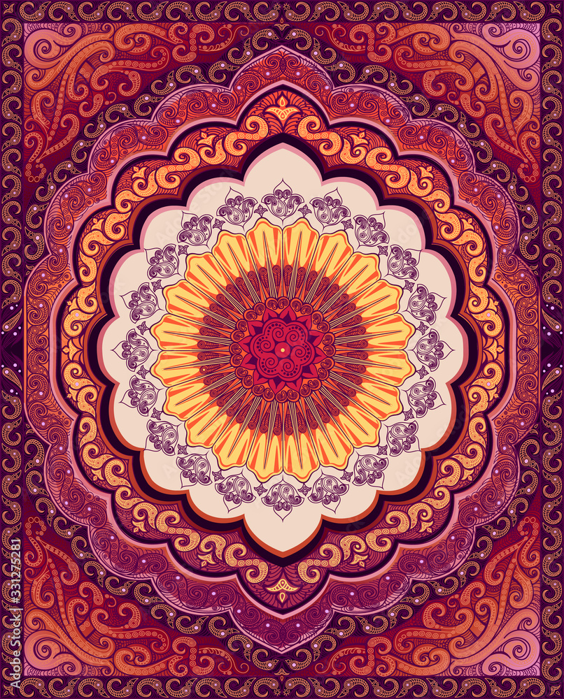 Vector Oriental carpet. Colors: purple, pink, yellow.